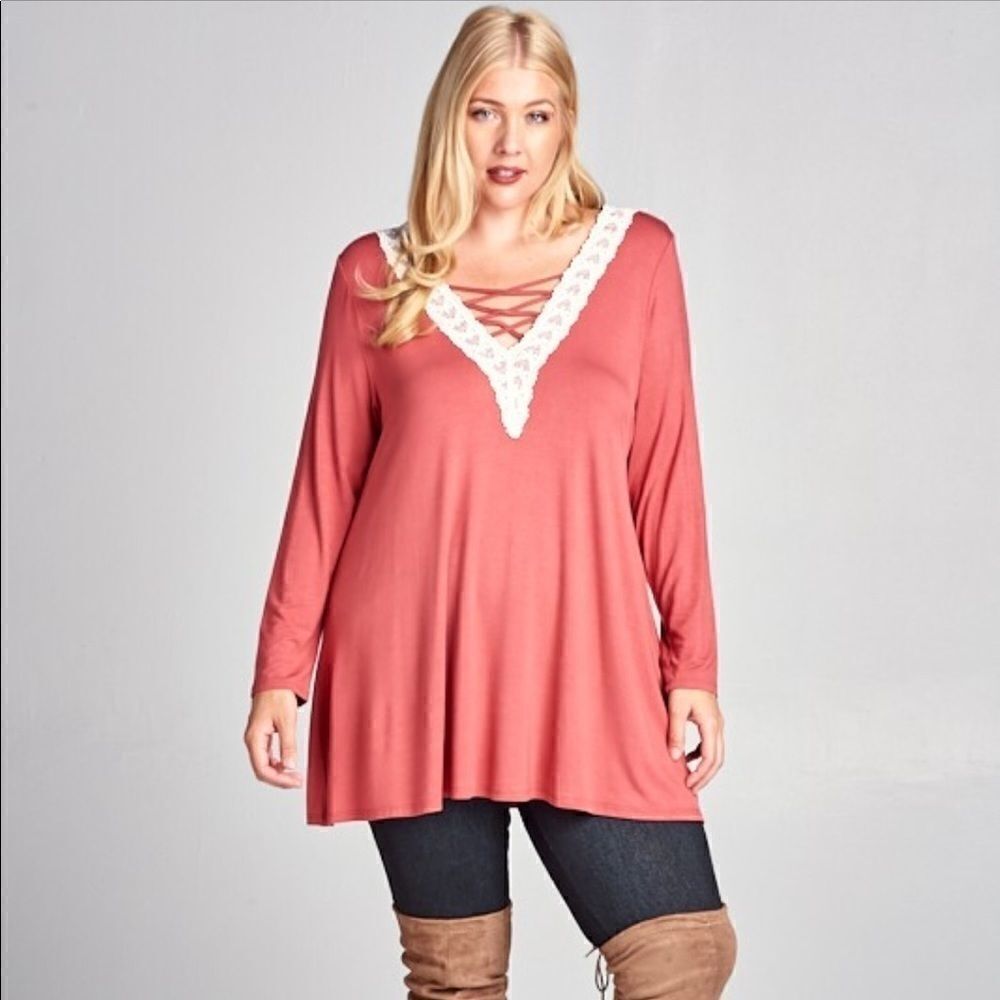 New Marsala jersey tunic contrast lace